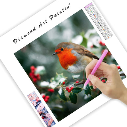 Rödhake på järnekgren - Diamantmålning