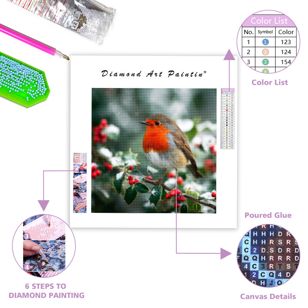 Rödhake på järnekgren - Diamantmålning