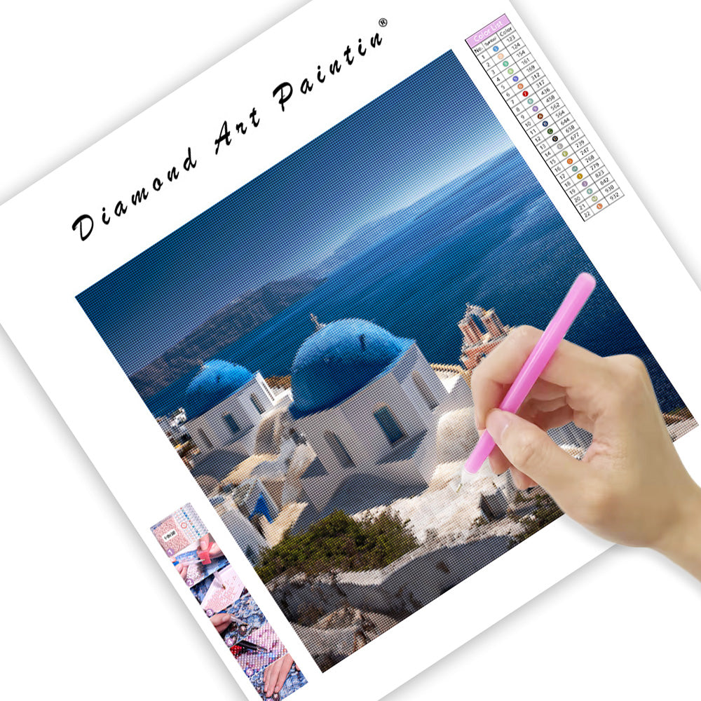 Utsikt över Santorini blå kupol - Diamantmålning