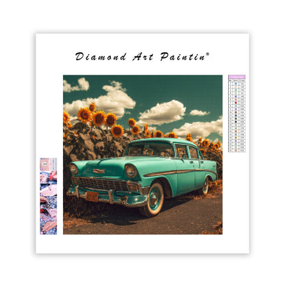 Veteranbil och solrosfält - Diamantmålning