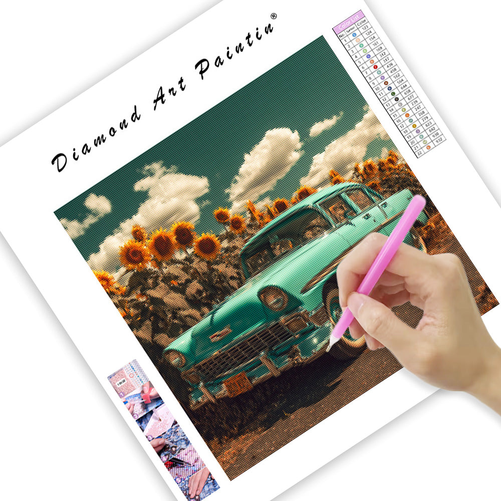 Veteranbil och solrosfält - Diamantmålning