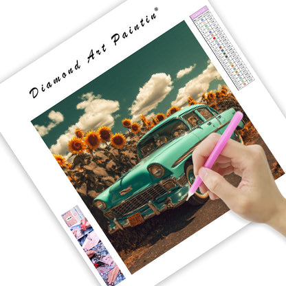 Veteranbil och solrosfält - Diamantmålning