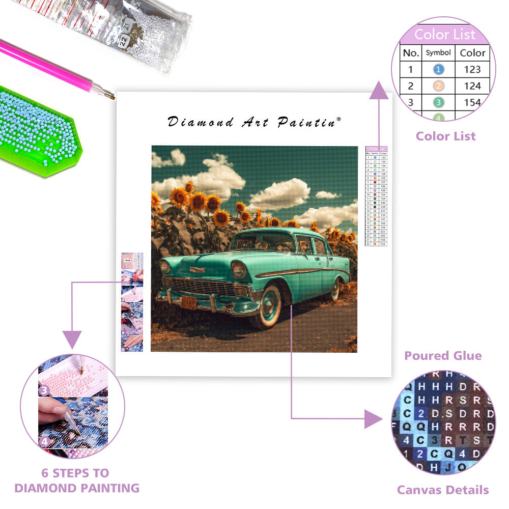 Veteranbil och solrosfält - Diamantmålning