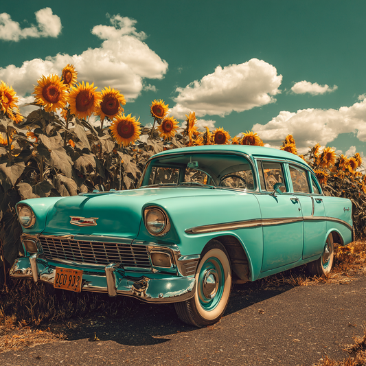 Veteranbil och solrosfält - Diamantmålning