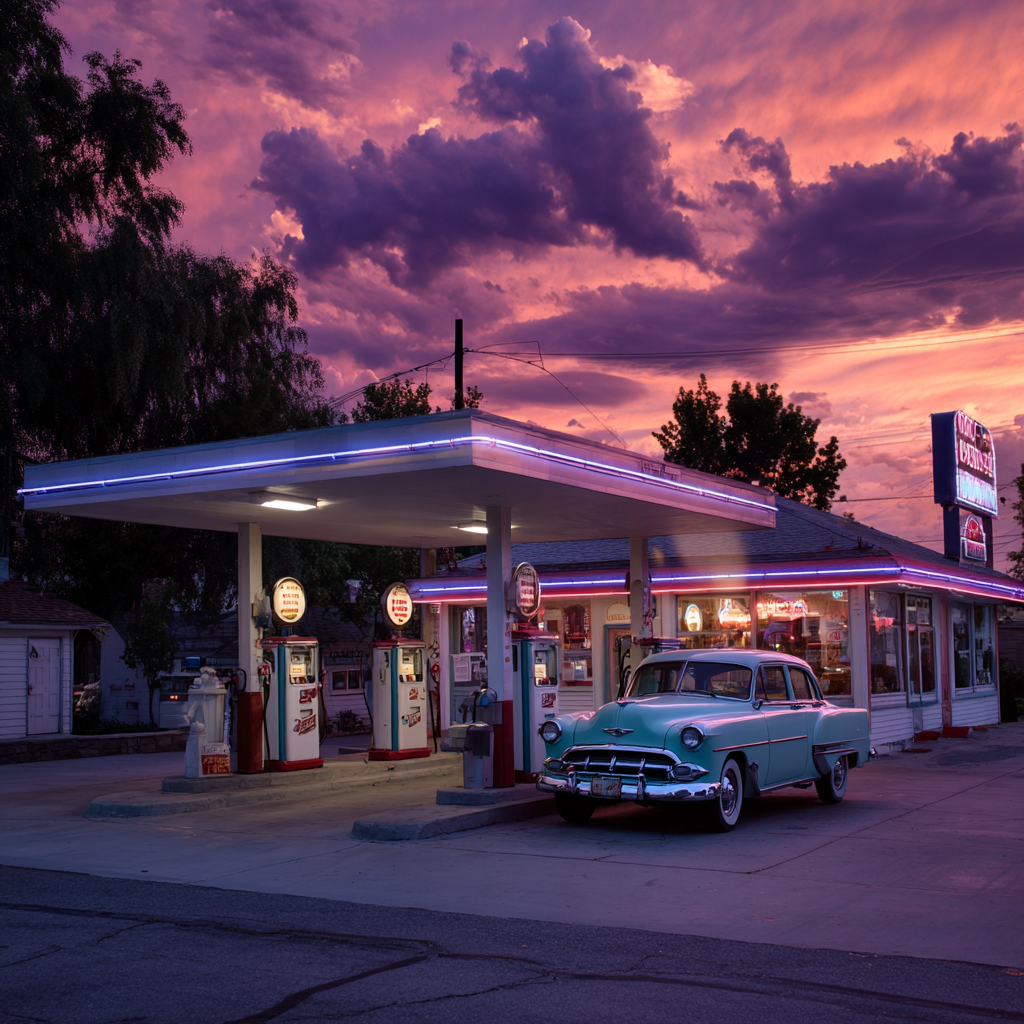 Vintage bensinstation skymning - Diamantmålning