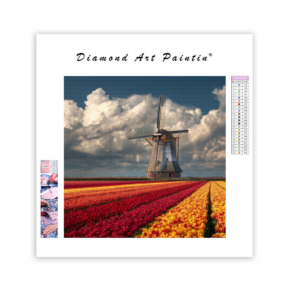 Väderkvarn i tulpanfält - Diamantmålning Målning