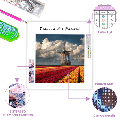 Väderkvarn i tulpanfält - Diamantmålning Målning