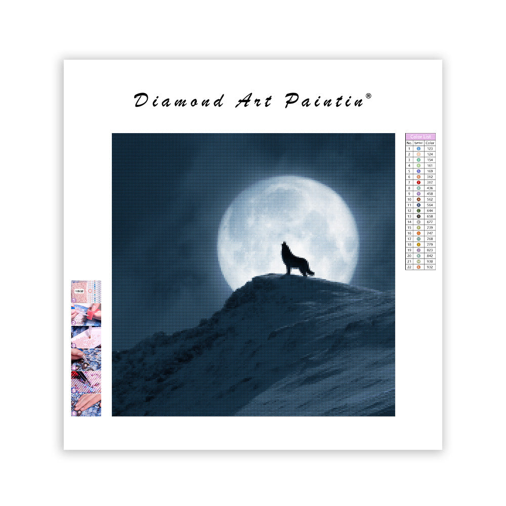 Varg som ylar vid fullmåne - Diamantmålning