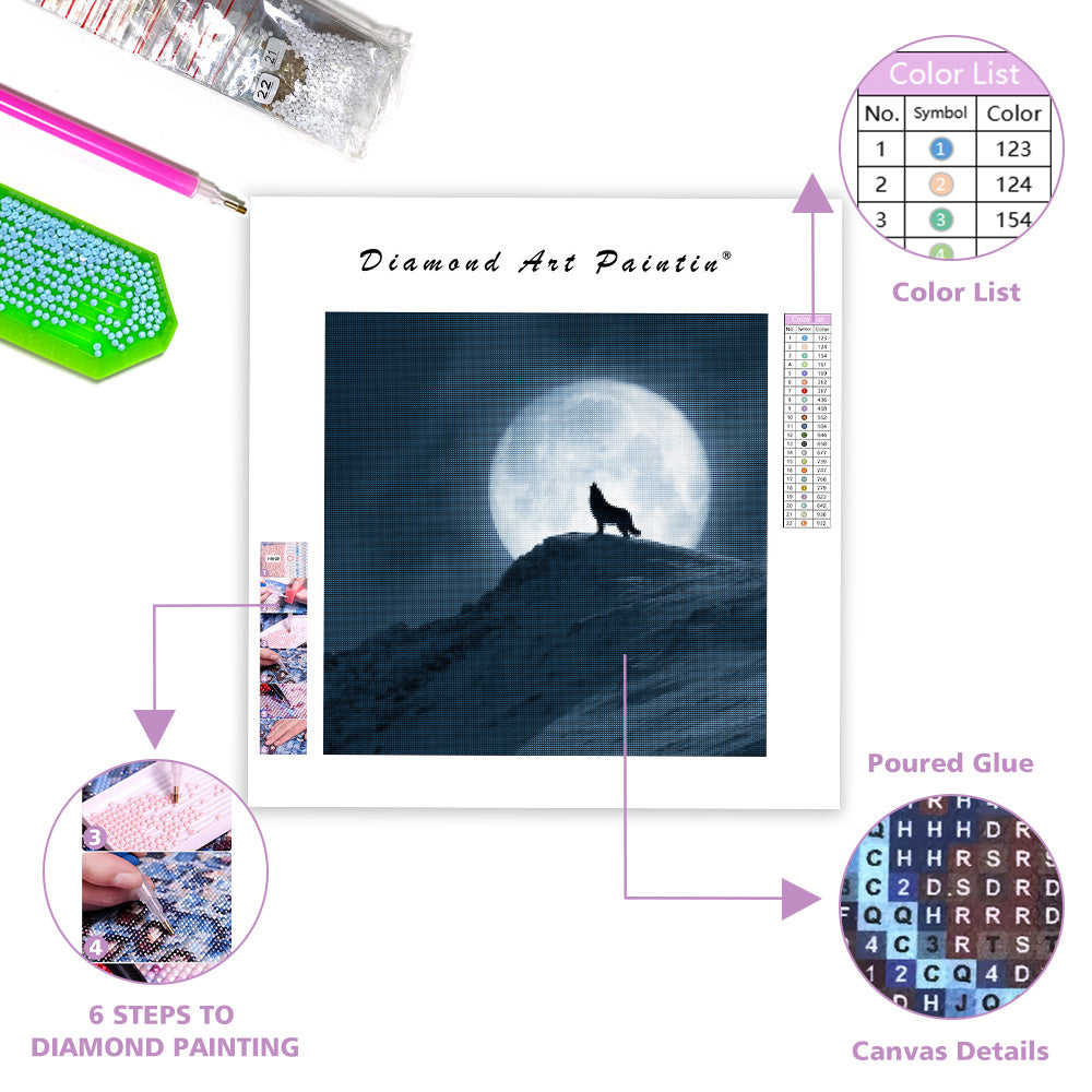 Varg som ylar vid fullmåne - Diamantmålning