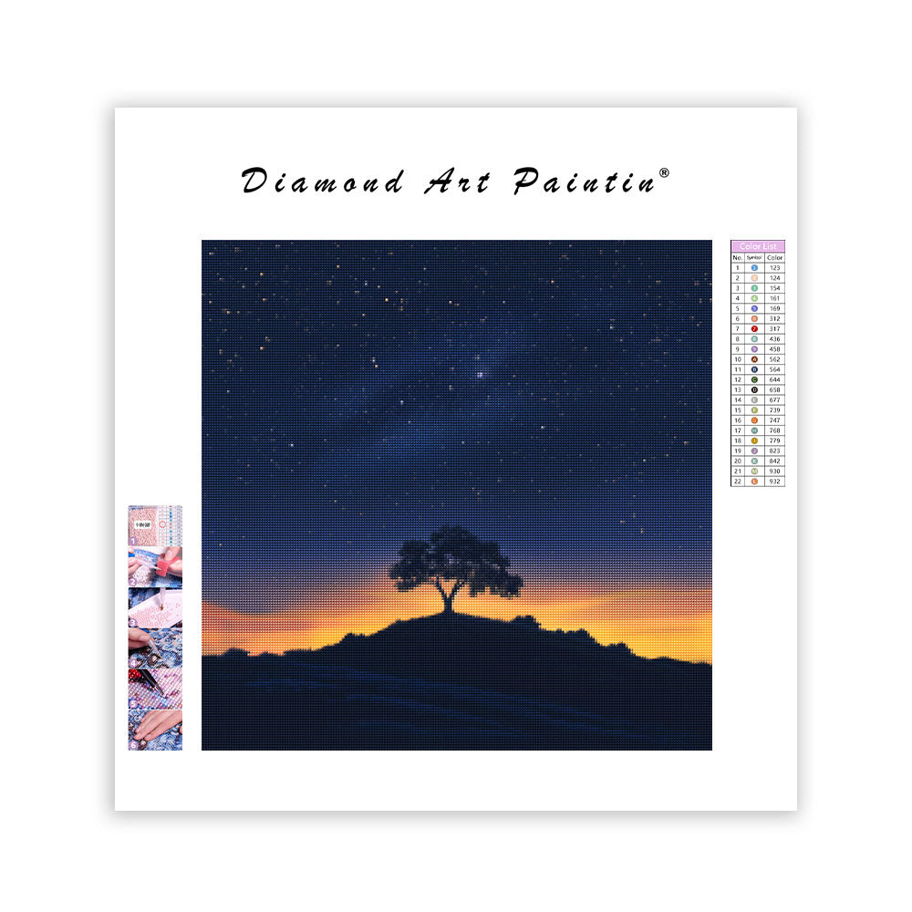 Glödande träd på kulle - Diamantmålning