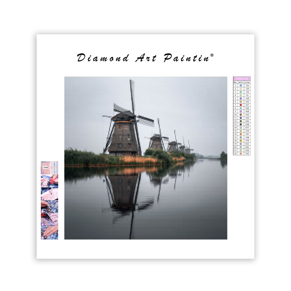 Kinderdijk väderkvarnar reflektion - Diamantmålning