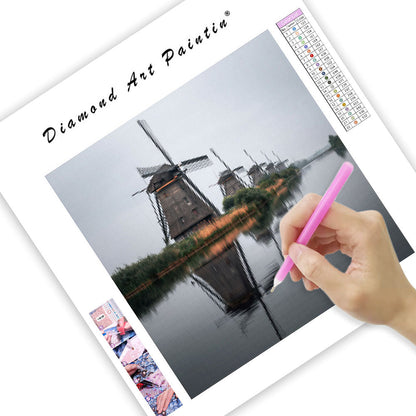 Kinderdijk väderkvarnar reflektion - Diamantmålning