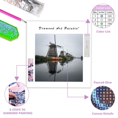 Kinderdijk väderkvarnar reflektion - Diamantmålning