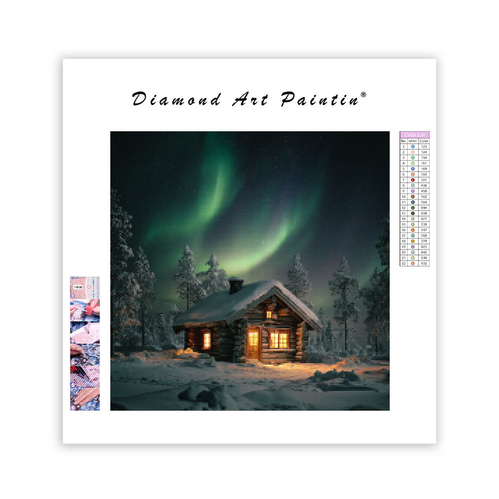 Lapplands norrsken över snöstuga - Diamantmålning