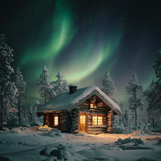 Lapplands norrsken över snöstuga - Diamantmålning