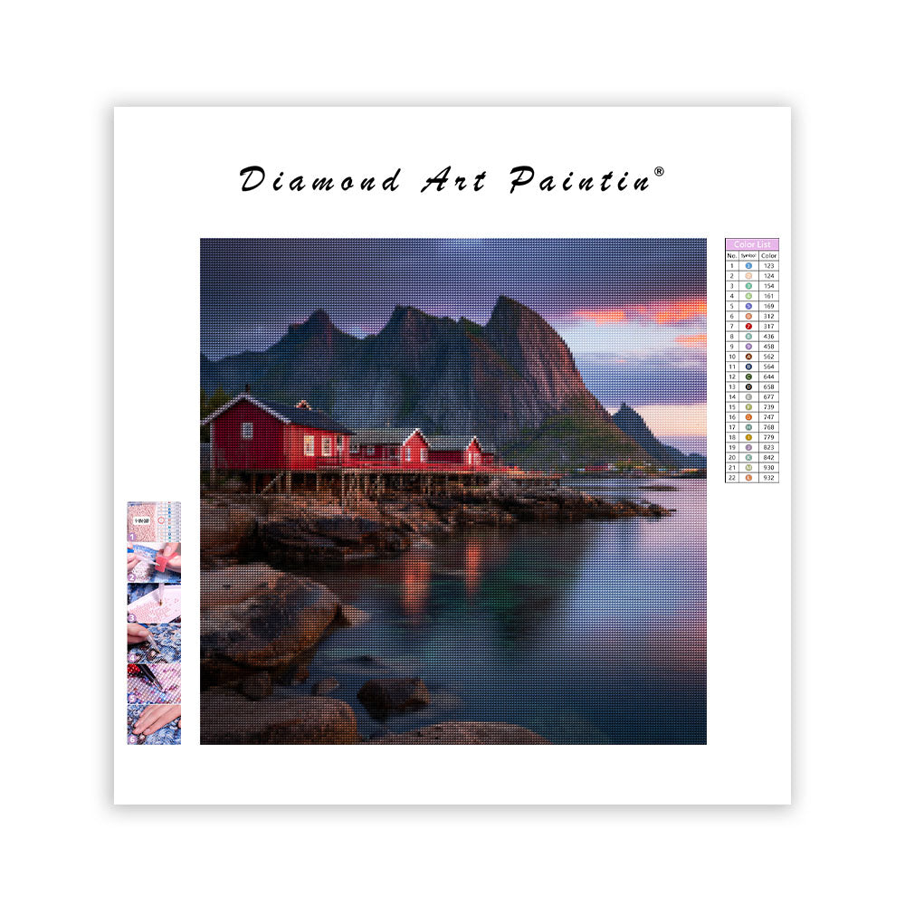Lofoten Röda Stugor Midnattssol - Diamantmålning