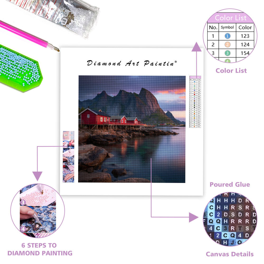 Lofoten Röda Stugor Midnattssol - Diamantmålning