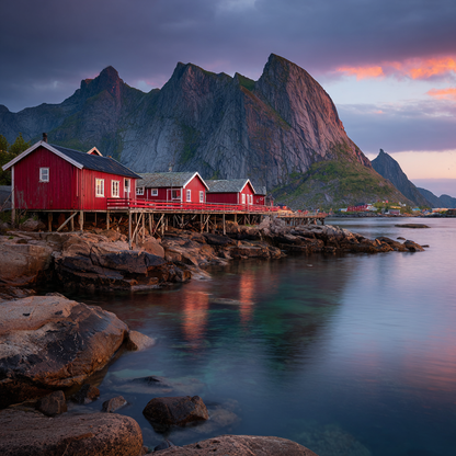 Lofoten Röda Stugor Midnattssol - Diamantmålning