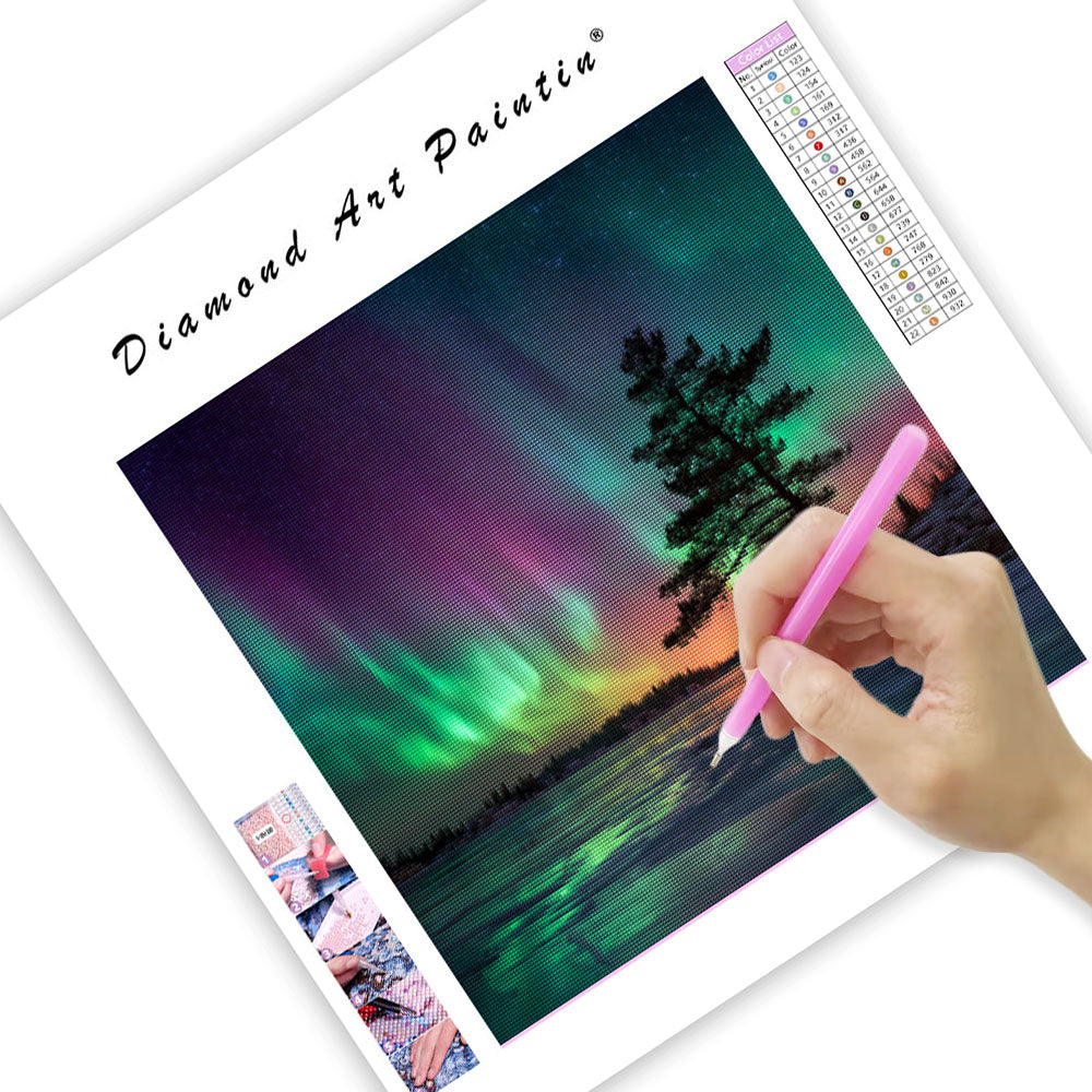 Yellowknife Aurora över frusen sjö - Diamantmålning