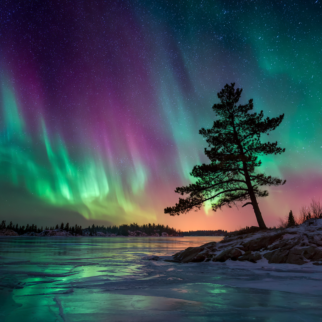 Yellowknife Aurora över frusen sjö - Diamantmålning