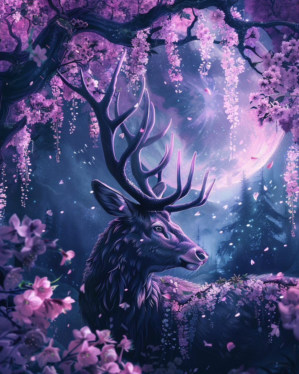Blossom-covered stag surrounded by flowers in diamond painting art