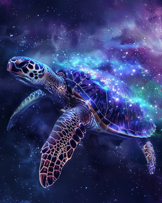 Cosmic turtle floating through a colorful galaxy in diamond painting art