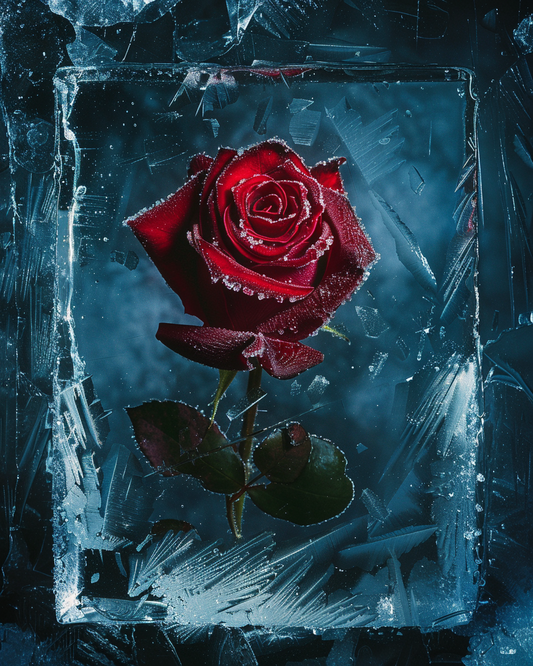 Frozen rose with icy crystal petals in diamond painting art