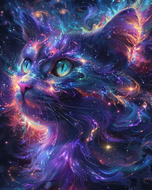 Cat surrounded by stars and colorful galaxies in diamond art