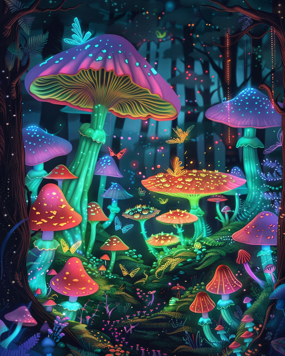 Glowing mushroom forest with dreamy lights in diamond painting art