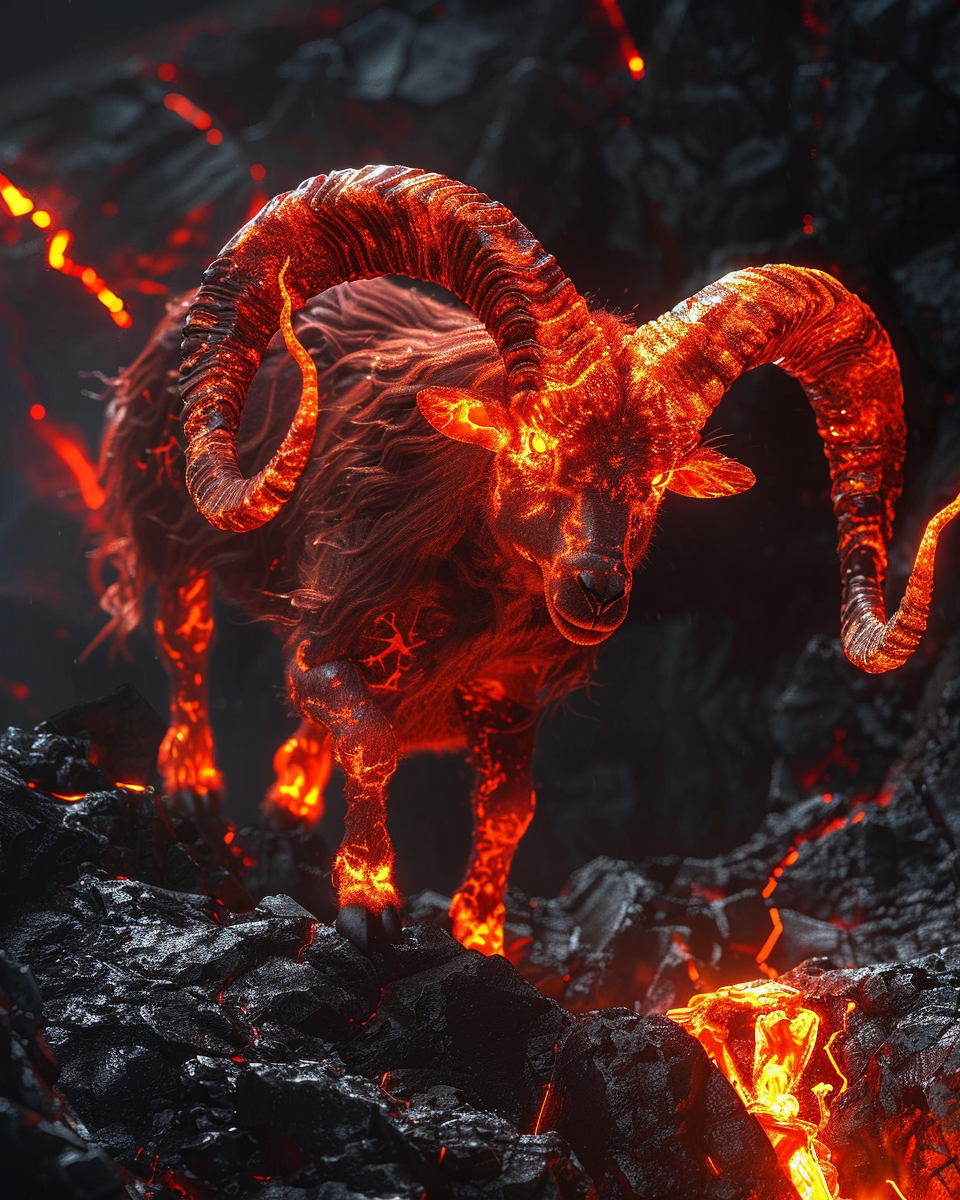 Inferno ram with glowing molten horns in diamond painting artwork