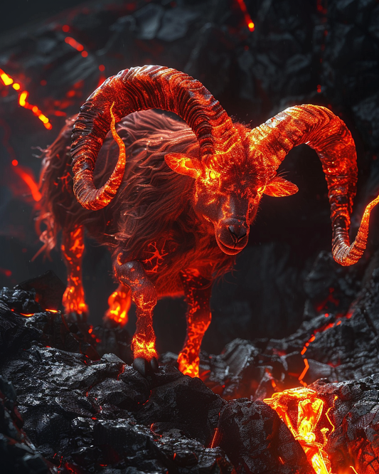 Inferno ram with glowing molten horns in diamond painting artwork