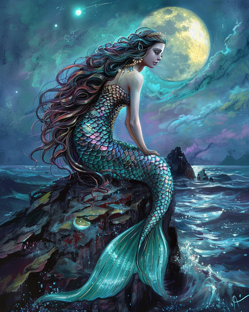 Iridescent mermaid beneath the ocean in sparkling diamond art