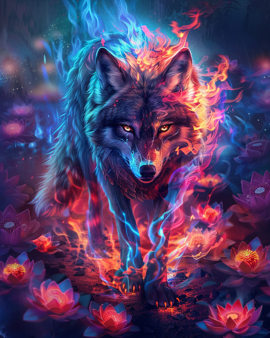 Wolf surrounded by lotus flowers and flames in diamond art