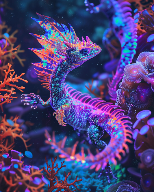 Fantasy dragon with luminous opal scales in diamond painting art