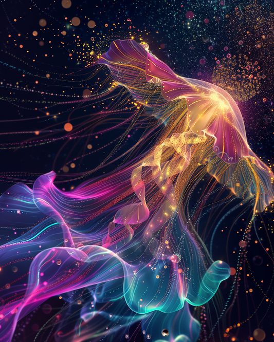 Pearlescent jellyfish drifting underwater in diamond painting art