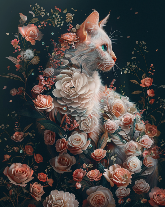 Charming cat surrounded by soft flower petals in diamond art