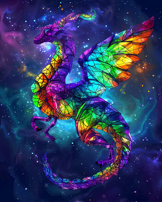 Prismatic fantasy dragon with rainbow scales in diamond art