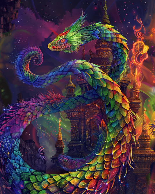 Rainbow serpent with colorful shimmering scales in diamond art