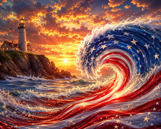 Lighthouse standing against rolling ocean waves in diamond art