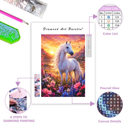 Vit häst i solnedgång – Diamantmålning