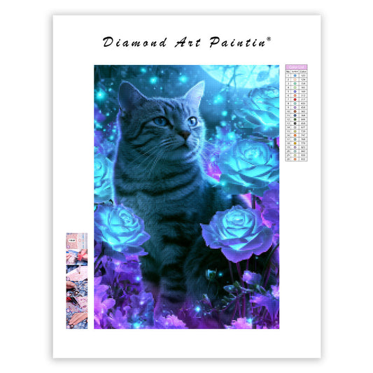 Katt med blå rosor – Diamantmålning