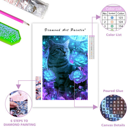 Katt med blå rosor – Diamantmålning