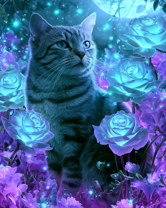Katt med blå rosor – Diamantmålning