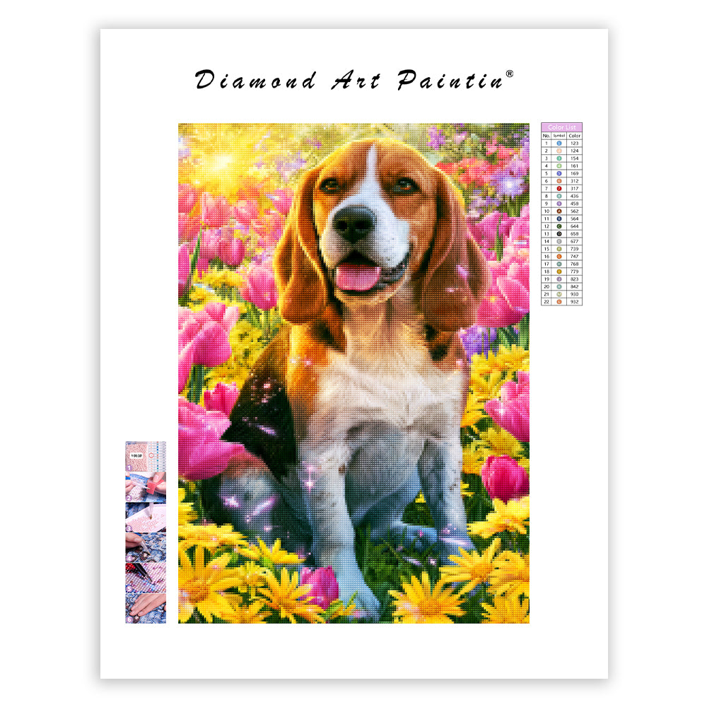 Beagle med blommor – Diamantmålning