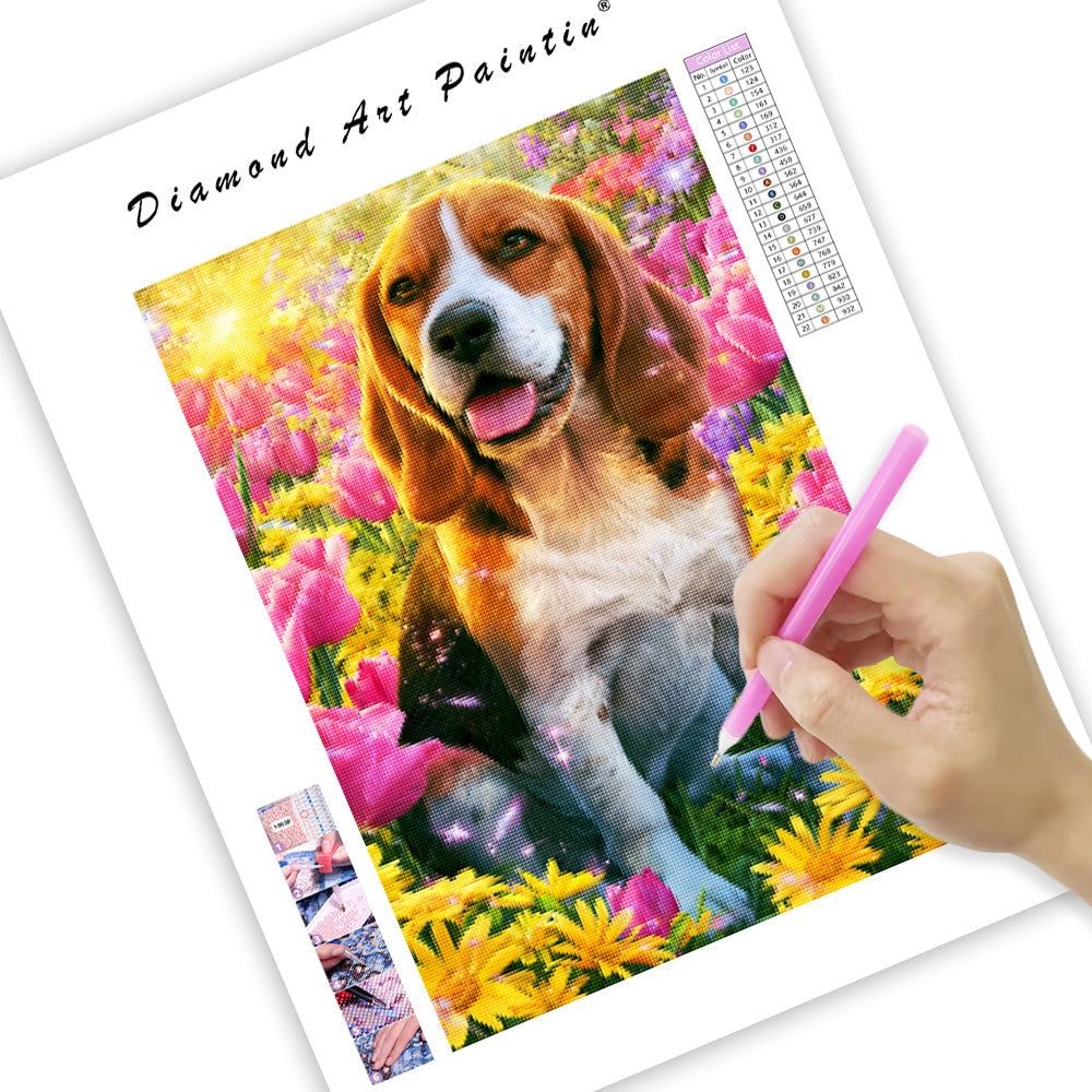 Beagle med blommor – Diamantmålning