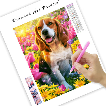 Beagle med blommor – Diamantmålning