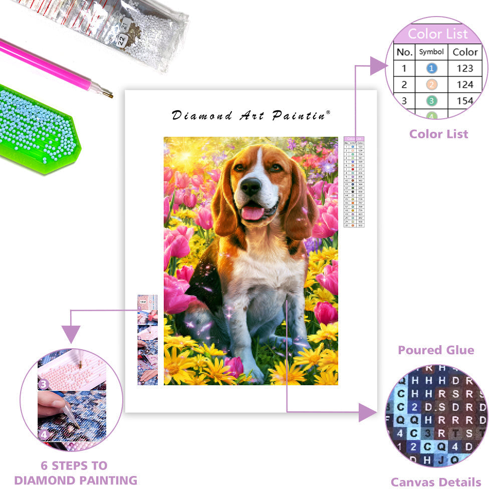 Beagle med blommor – Diamantmålning