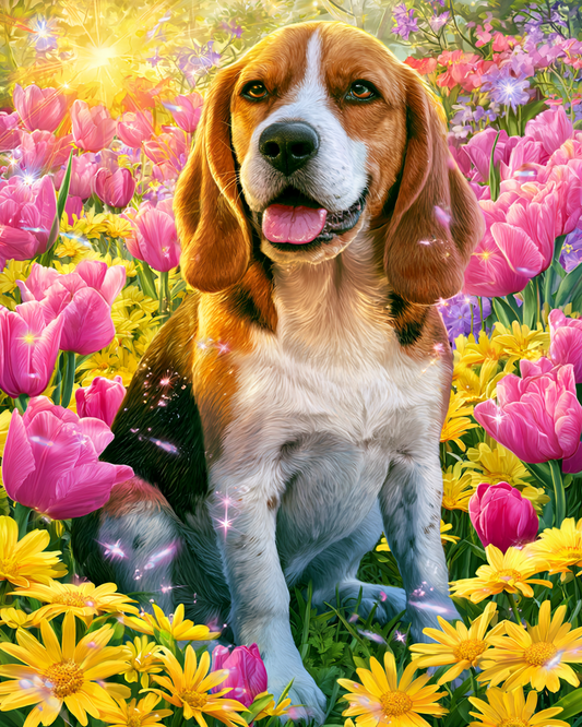 Beagle med blommor – Diamantmålning