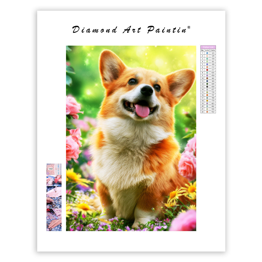 Corgi med blommor – Diamantmålning