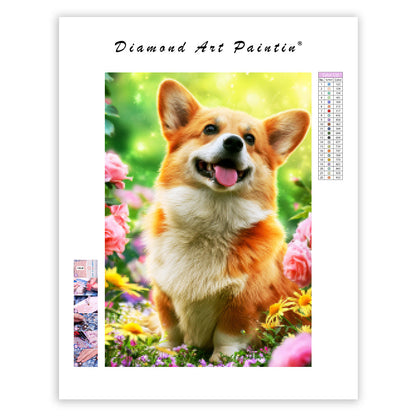 Corgi med blommor – Diamantmålning